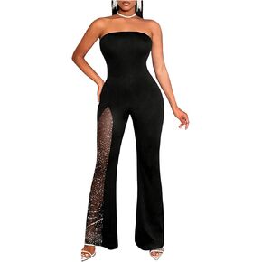 WDIRARA Women's Strapless Flare Leg Jumpsuit Rhinestone Mesh Party Club Overall Jumpsuits