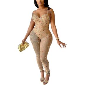 Hotheart Womens Sexy Wrapped Chest Sleeveless Rhinestone Mesh See Through Stretch Jumpsuit Rompers