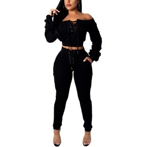 OLUOLIN Women Sexy Long Sleeve Two Pieces Outfits Tracksuit Lace Up Off Shoulder Casual Sweatsuit