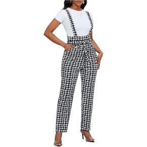 WDIRARA Women's Houndstooth Pattern Sleeveless Knot Front Casual Belted Jumpsuit