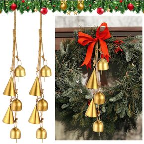 2 Pack Rustic Christmas Bells Hanging Jingle Gold Metal Vintage Bells with Jute Hanging Rope Cow Bells Decoraitve Brass Bells for Christmas Wreath Garland Trees Windows Home Lucky Decor