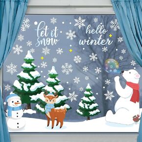 Hello Winter Window Clings Snowflakes Large Size Window Stickers Snowman Window Decals Decorations for Glass Reindeer Polar Bear Xmas Tree New Year Holiday Home Classroom Office Kitchen Supplies