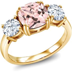 Gem Stone King 18K Yellow Gold Plated Silver Peach Nano Morganite 3 Stone Engagement Ring For Women (3.50 Cttw, Cushion 8MM, Available in Size 5,6,7,8,9)