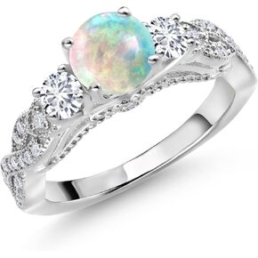 Gem Stone King 925 Sterling Silver White Simulated Opal White Lab Grown Diamond and White Moissanite Engagement Ring For Women (1.47 Cttw, Gemstone October Birthstone, Round Cabochon 6MM and 3MM)