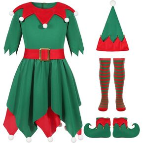 Girls Elf Costume Set Kid Christmas Elf Dress with Hat Shoes Belt Socks