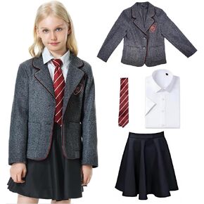 4PCs Girls Musical Movie Costume for Kids, Gray School Uniform Girl Outfit with Jacket Shirt Skirt Tie