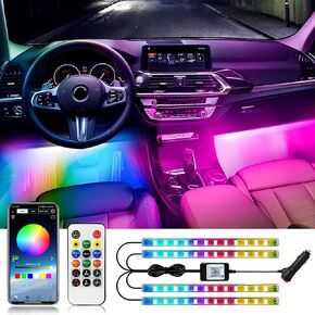 LED RGB Car Strip Lights Interior, Smart APP Control and Remote Dual Control, 12V Under Dash Footwell Neon Internal Lighting Kit with Car Charger, Multicolor Music Mode and DIY Mode