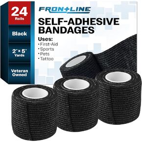FrontLine 24 Count Self Adhesive Bandage Wrap, 2" x 5 Yards, Sensi Elastic, Self Stick, Stretch, Veni Athletic Tape, Waterproof Medical Bandages for Adults, Children, Tattoo, and Pets