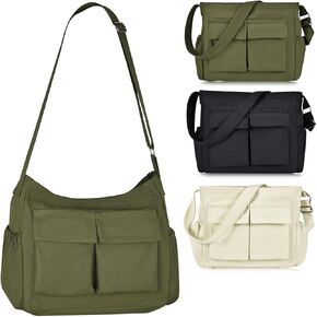 Canvas Messenger Bag Large Hobo Crossbody Bag with Multiple Pockets, Vintage Messenger Shoulder Bag for Men Women