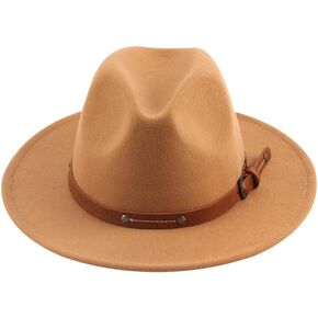 Women Wide Brim Fedora Hat Classic Felt Panama Hats with Belt Buckle Khaki