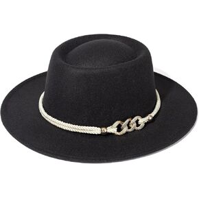Fedora Hat for Men and Women, Classic Wide Brim Winter Felt Panama Hat with Chain Adjustable Woolen Cap