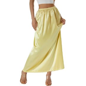 Satin Half Slip for Women Under Dresses Plus Size Solid Color Long Underskirt Lace Trim Elastic Waist Maxi Slip Skirt