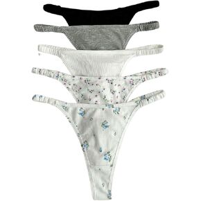 SHENHE Women's 5 Pack G String Thongs Floral Print Ribbed Knit Low Rise Panties Underwear