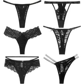 Black Lingerie Thongs for Women, 6-Pack Sexy Assorted Floral Lace Panties, Variety Pack G String Thongs
