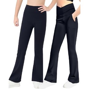 Girls Flared Pants and V Cross Yoga Leggings with Pockets Size 12-13 Years Old Solid Black Soft Slim High Waisted Trousers
