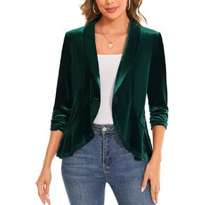 MINTLIMIT Women's Velvet Blazer Ruched 3/4 Sleeve Shawl Lapel Button Front Ruffle Tailored Cardigan Suit Jacket Blazer
