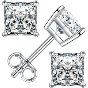 Princess Cut Moissanite Stud Earrings for Women Men, 18K White Gold Plated S925 Sterling Silver D Color VVS1 Clarity 0.3ct-3ct Lab Created Moissanite Earrings Promise Birthday Christmas Gift