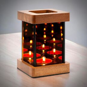 Wooden Infinity Mirror Candle Holder, Glass Tea Light Holder, Square Glass Box Candle Holder, Reflective Mirror Effect, Table, Infinity Cube, Gifts for Wife, Wedding Registry, Christmas, Thanksgiving