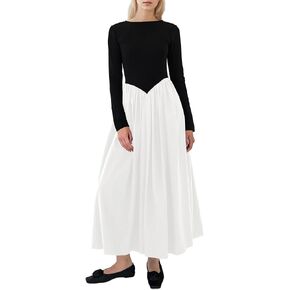 Women Boat Neck Long Sleeve Maxi Dresses Slim Fit Drop-Waist Patchwork Dress Flowy Swing Fall Long Dress