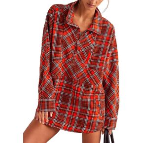 Red Plaid Flannel Long Shirt Christmas Tartan Button Down Zip Mini Dresses for Women