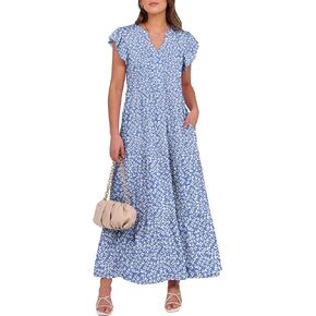 ANRABESS Womens Summer Casual Maxi Dress V Neck Ruffle Sleeve Long Dresses Fashion Flowy Tiered Boho Beach Vacation Sundress