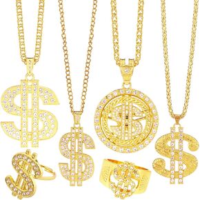 6 Pack Fake Gold Dollar Sign Chain Necklace Ring for 80s 90s Hip Hop Costumes Outfit, Rapper Jewelry for Men Women