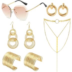 8Pcs 70s Disco Set Rimless Diamond Cutting Sunglasses Wire Metal Coil Bracelets Layered Choker Necklace Triple Swirl Disco Earrings