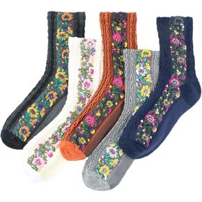 5 Pairs Women's Floral Design Vintage Crew Socks Ethnic Jacquard Knit Set, Red, Grey, Blue, White, Black