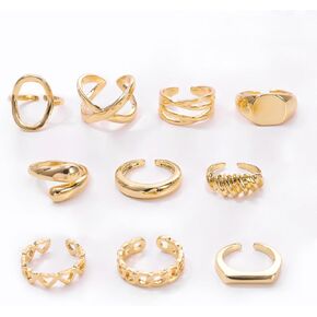10pcs Chunky Gold Rings For Women Non Tarnish, Stackable Adjustable Rings Set For Teen Womens Dome Braided Twisted Round Signet Open Band Ring Jewelry Accessories Gift Size 6-8