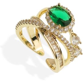 Sonateomber Green Crystal Gold Open Stacking Ring for Women - Large Dainty Simulated Emerald Rhinestone Cubic Zirconia Stone Adjustable Statement X Criss Cross Stack Costume Ring Valentine Gift