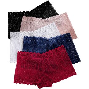 OYOANGLE Women's 5 Pack Sheer Lace Tanga Hipster Low Rise Boyshort Panties Sheer Scallop Trim Underwear