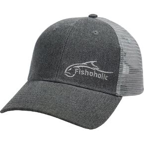 Fishoholic Snapback Baseball Fishing Hat - Embroidered Logos Mesh Trucker Fishing Gift for Dad Father Son (R) TM Fishaholic (SNP-BLKonBLK)