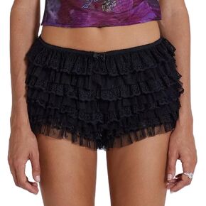 Adoeren Women Lolita Bloomers Cute Bow Ruffle Shorts Layered Lacey Pumpkin Shorts Sexy Micro Bottoms Y2k Boy Shorts