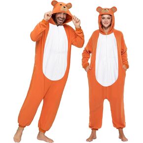 Spooktacular Creations Adults Unisex Pajama, Bear Hooded Jumpsuit Costume with Hat, Zip-Up Hooded Sleepwear for Halloween Cosplay Costume,M