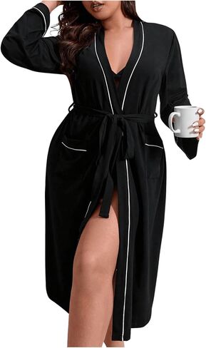 SOLY HUX Women's Plus Size Robe Contrast Binding V Neck Long Sleeve Belted Kimono Robes Sleepwear with Pockets in Saudi Arabia