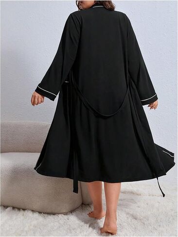 SOLY HUX Women's Plus Size Robe Contrast Binding V Neck Long Sleeve Belted Kimono Robes Sleepwear with Pockets in Saudi Arabia