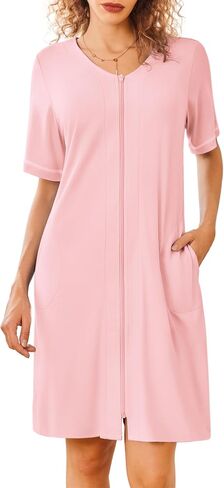 Ekouaer Women Zipper Robes Short Sleeves Housecoat Lightweight Bathrobes Zip Up Robe Casual Nightgown with Pockets S-2XL in Saudi Arabia