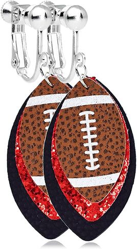 Football Dangle Clip on Earrings Non Pierced for Women Colorful Layered Glitter Faux Leather Football Sports Lover Teardrop Dangling Earrings for Women Game Days Earrings, Christmas Earrings in Kuwait