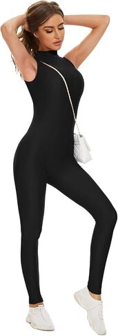 Kepblom Bodycon Jumpsuit for Women Comfy Spandex Bodysuit Sleeveless High Neck Zipper Unitard in Kuwait