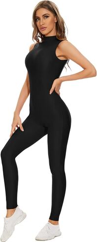 Kepblom Bodycon Jumpsuit for Women Comfy Spandex Bodysuit Sleeveless High Neck Zipper Unitard in Kuwait