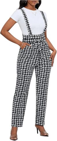 WDIRARA Women's Houndstooth Pattern Sleeveless Knot Front Casual Belted Jumpsuit in Saudi Arabia