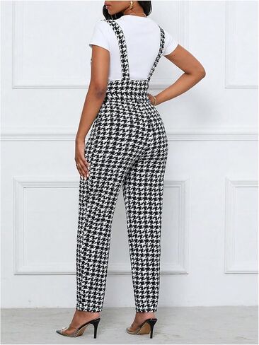 WDIRARA Women's Houndstooth Pattern Sleeveless Knot Front Casual Belted Jumpsuit in Saudi Arabia