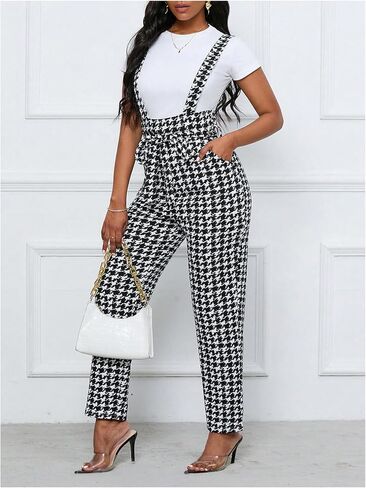 WDIRARA Women's Houndstooth Pattern Sleeveless Knot Front Casual Belted Jumpsuit in Saudi Arabia