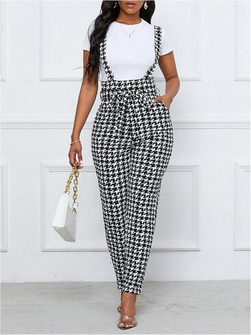 WDIRARA Women's Houndstooth Pattern Sleeveless Knot Front Casual Belted Jumpsuit in Saudi Arabia