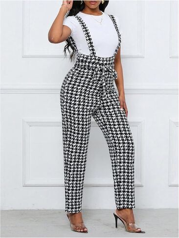 WDIRARA Women's Houndstooth Pattern Sleeveless Knot Front Casual Belted Jumpsuit in Saudi Arabia