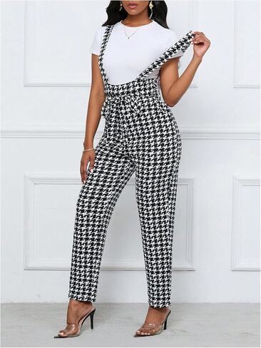 WDIRARA Women's Houndstooth Pattern Sleeveless Knot Front Casual Belted Jumpsuit in Saudi Arabia