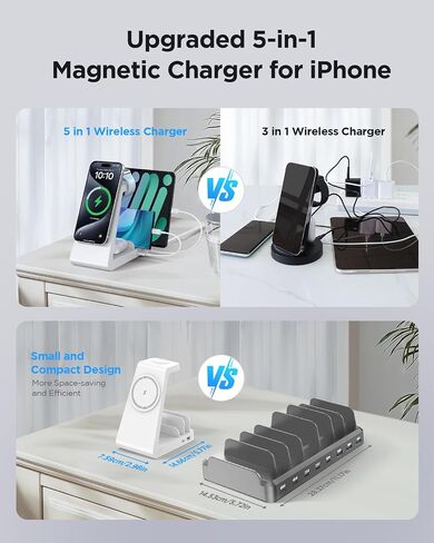 Charging Station for iPhone,5 in 1 Wireless Charger Stand Dock for Apple: Mag-Safe Charging Station for Multiple Devices Apple iPhone 15 14 13 12 Pro Max Plus Apple Watch iWatch Magnetic in Saudi Arabia