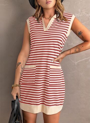 Dokotoo Womens 2024 Spring Summer V-Neck Sleeveless Striped Mini Dress Casual Tank Dress Sundress with Pockets in Saudi Arabia