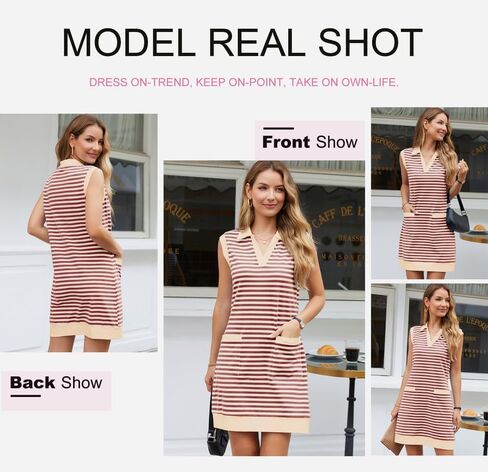 Dokotoo Womens 2024 Spring Summer V-Neck Sleeveless Striped Mini Dress Casual Tank Dress Sundress with Pockets in Saudi Arabia