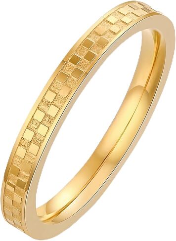 2mm Checkered Ring 14K Gold Plated Titanium Stackable Checkerboard Ring Non Tarnish Comfort Band for Women Men in Kuwait